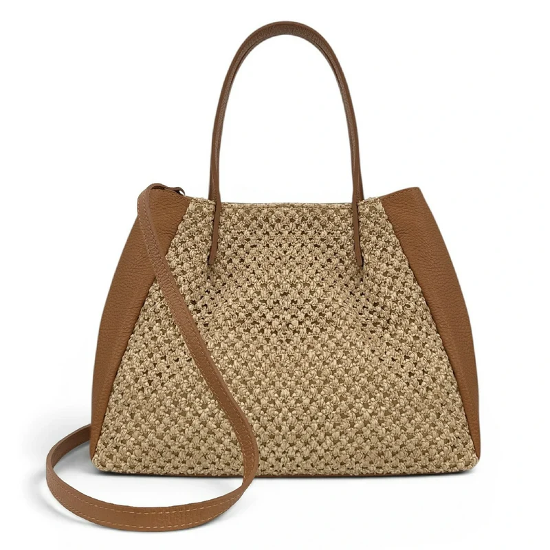 Sac cabas en cuir grainé et raphia OXANE Marron camel
