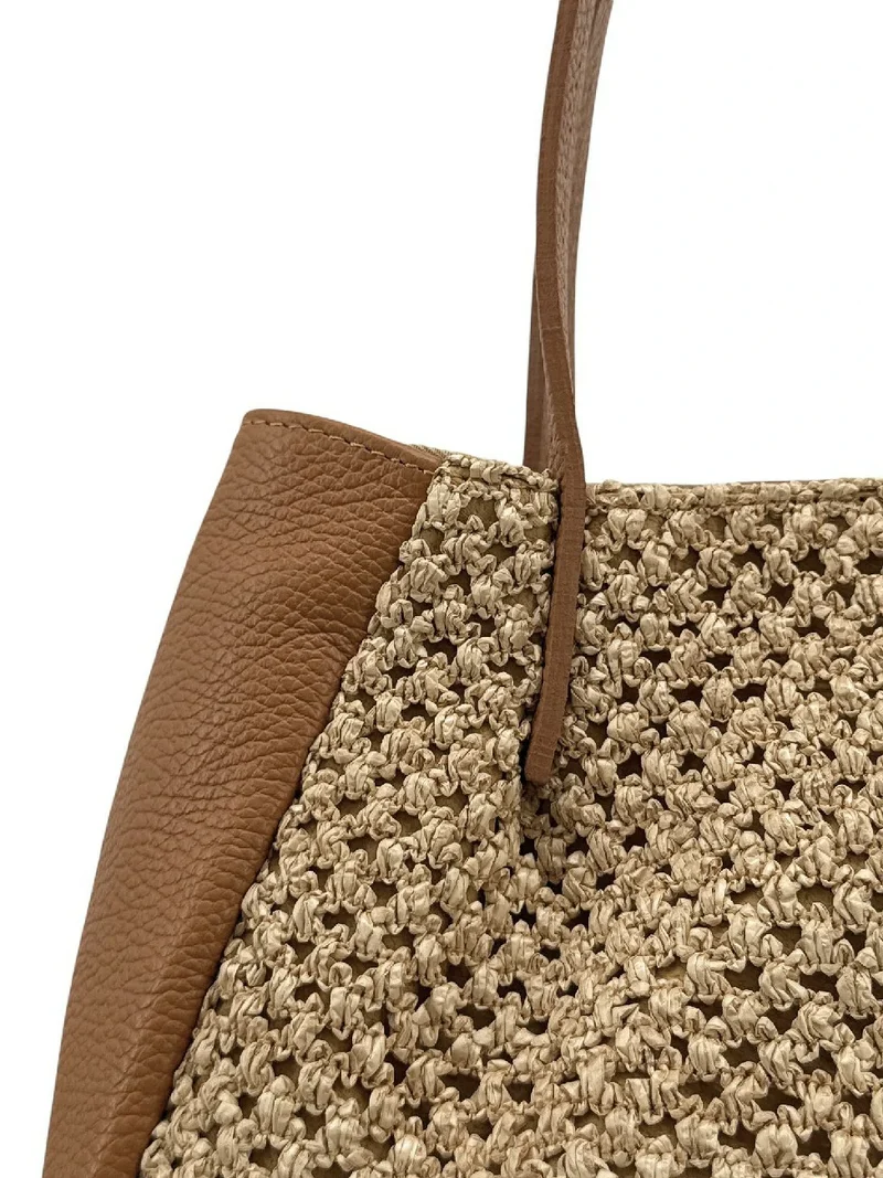 Sac cabas en cuir grainé et raphia OXANE Marron camel