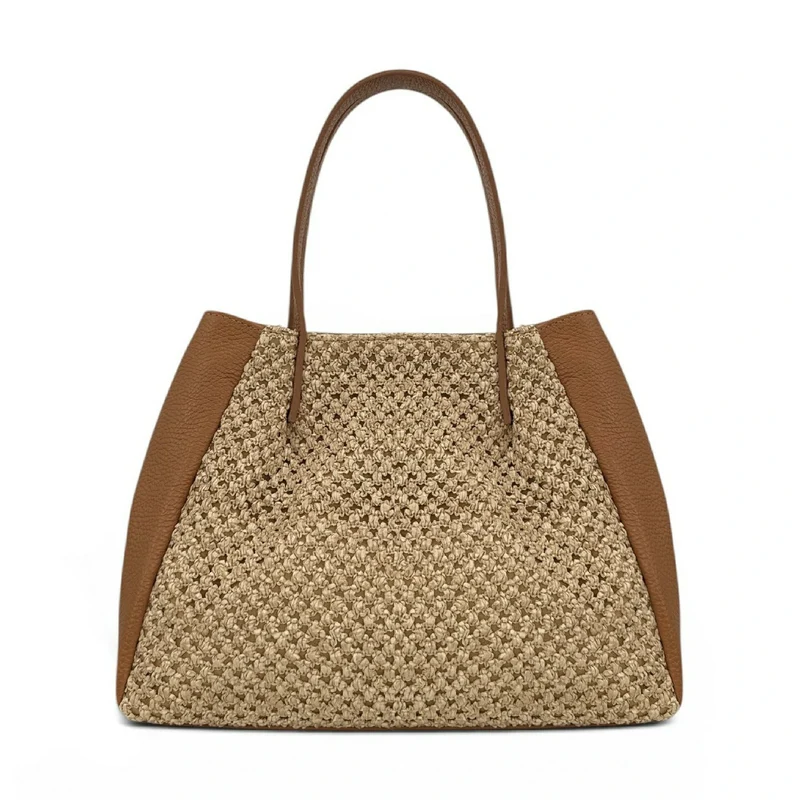 Sac cabas en cuir grainé et raphia OXANE Marron camel