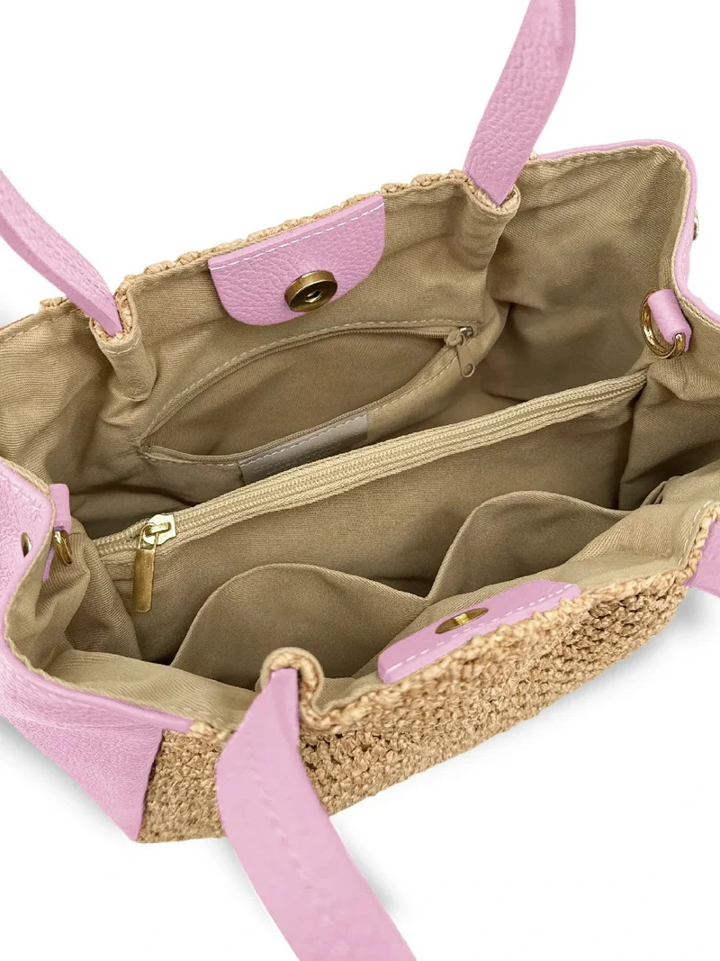 Sac cabas en cuir grainé et raphia OXANE Rose pastel