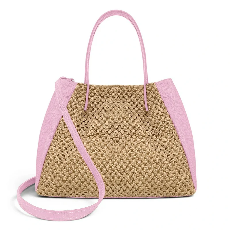 Sac cabas en cuir grainé et raphia OXANE Rose pastel