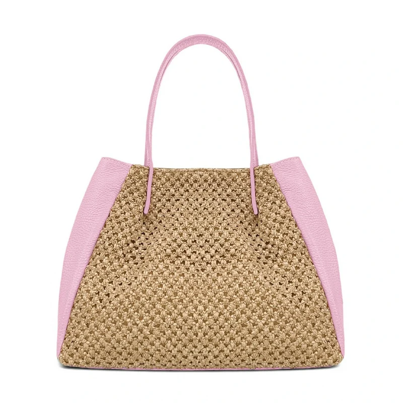 Sac cabas en cuir grainé et raphia OXANE Rose pastel