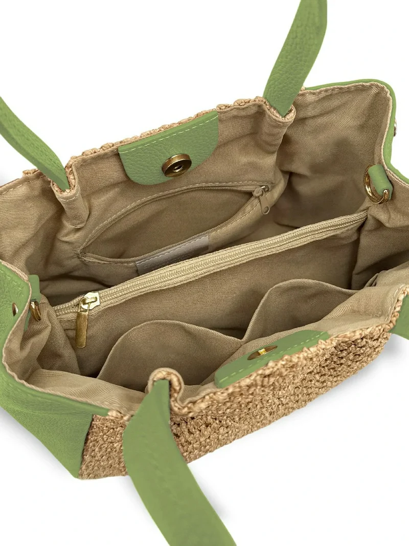 Sac cabas en cuir grainé et raphia OXANE Vert matcha latte