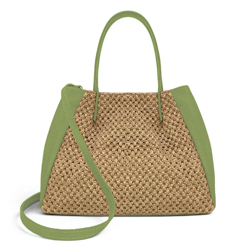 Sac cabas en cuir grainé et raphia OXANE Vert matcha latte