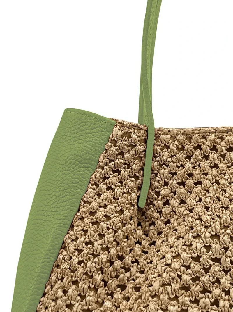 Sac cabas en cuir grainé et raphia OXANE Vert matcha latte