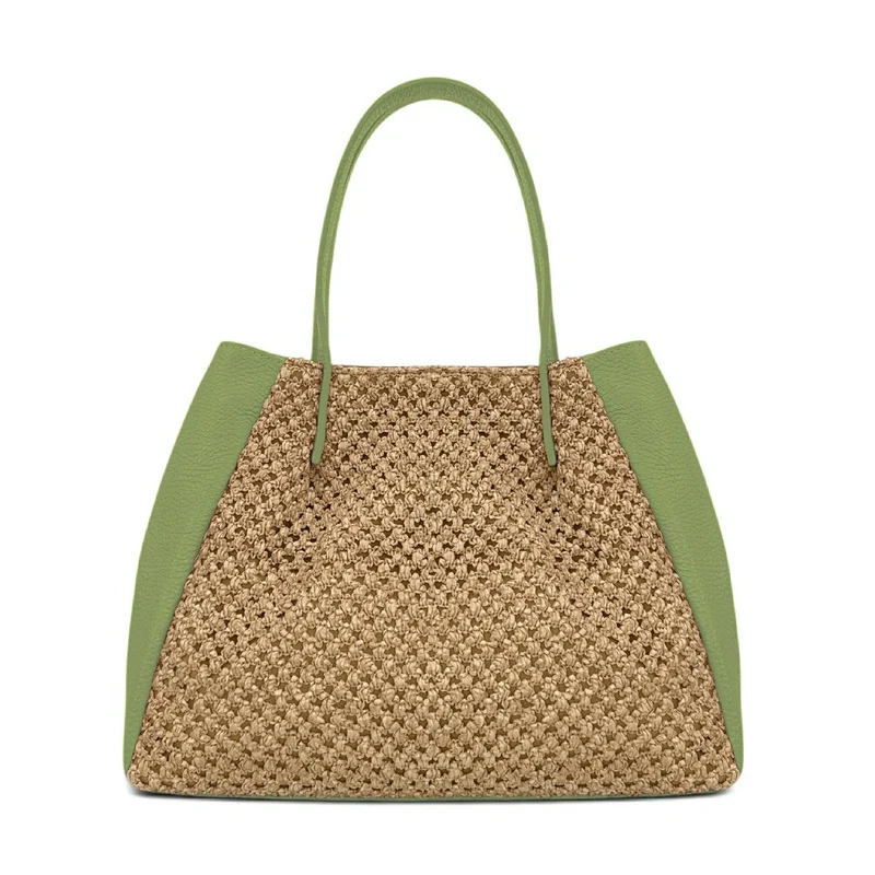 Sac cabas en cuir grainé et raphia OXANE Vert matcha latte