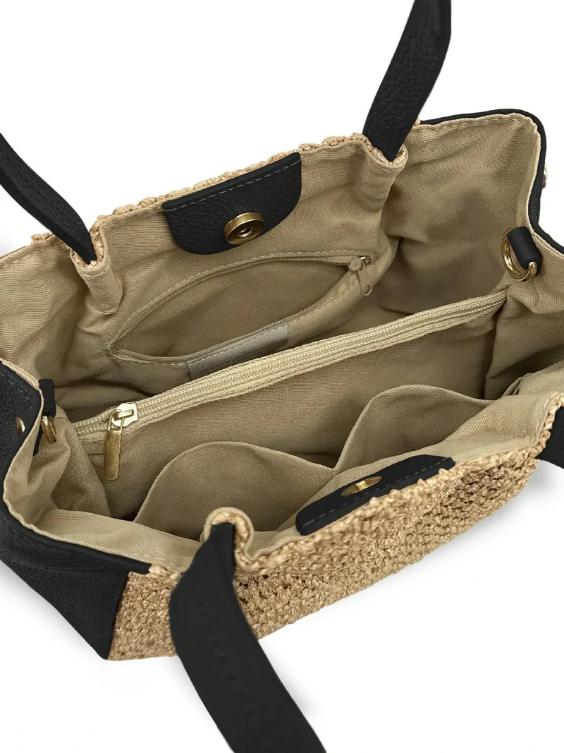 Sac cabas en cuir grainé et raphia OXANE Noir