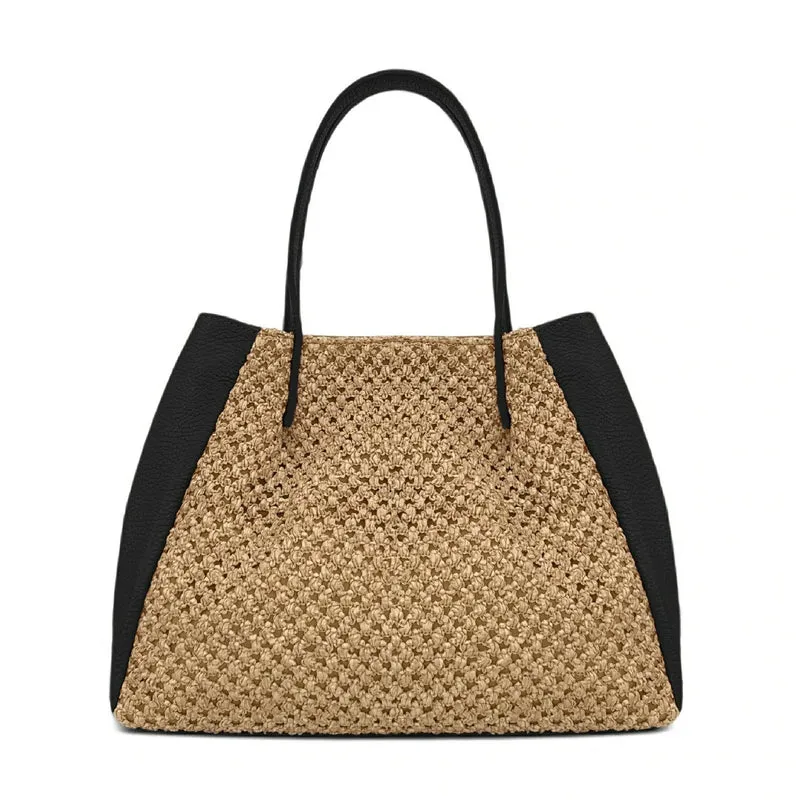 Sac cabas en cuir grainé et raphia OXANE Noir