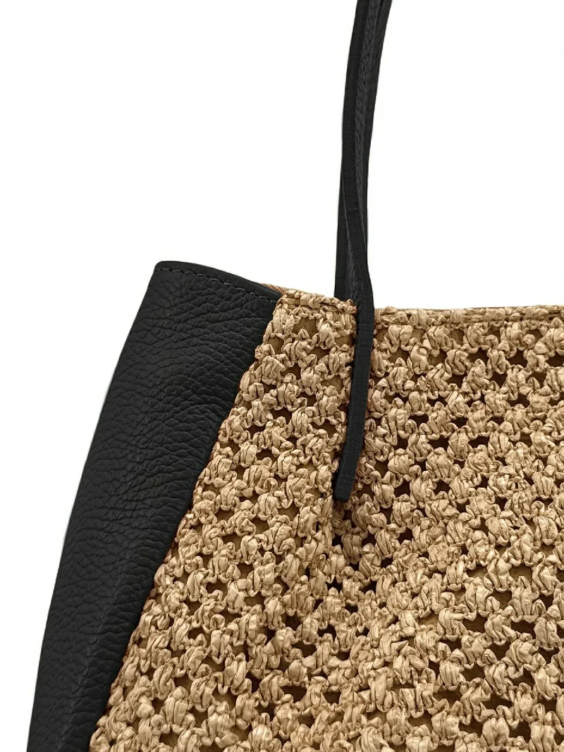 Sac cabas en cuir grainé et raphia OXANE Noir