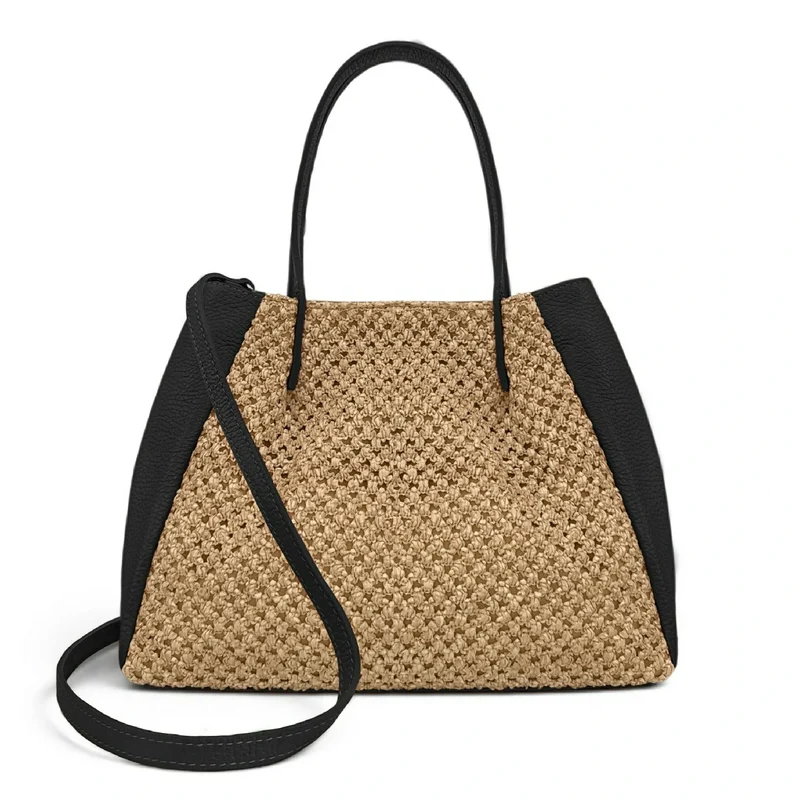 Sac cabas en cuir grainé et raphia OXANE Noir