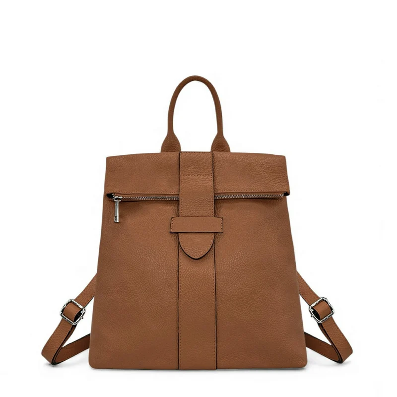 Sac à dos antivol en cuir grainé DORA Camel foncé