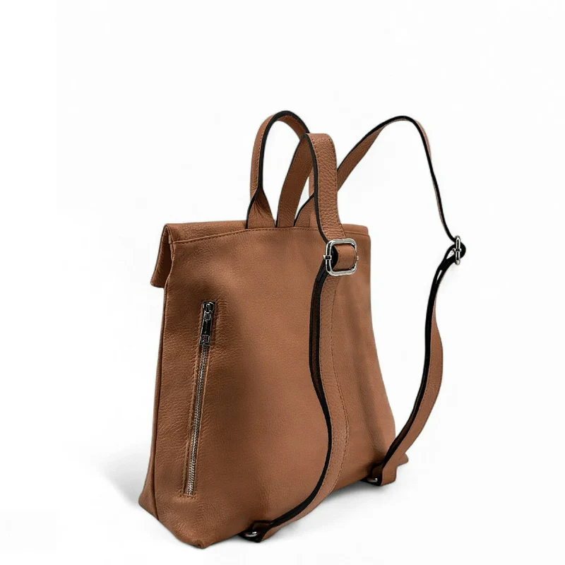 Sac à dos antivol en cuir grainé DORA Camel foncé