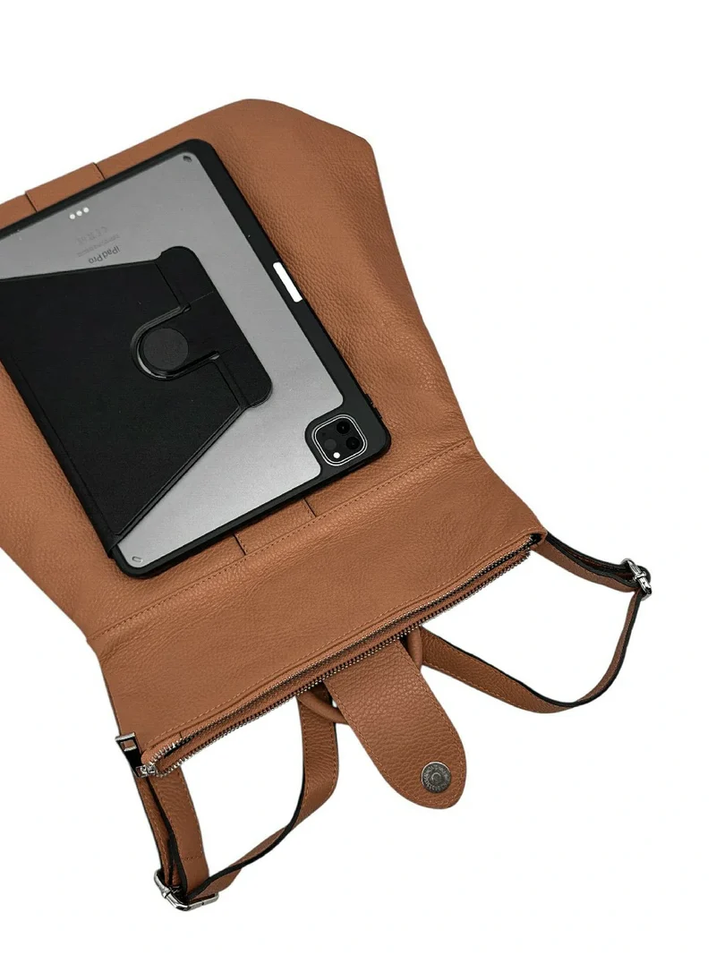 Sac à dos antivol en cuir grainé DORA Camel foncé