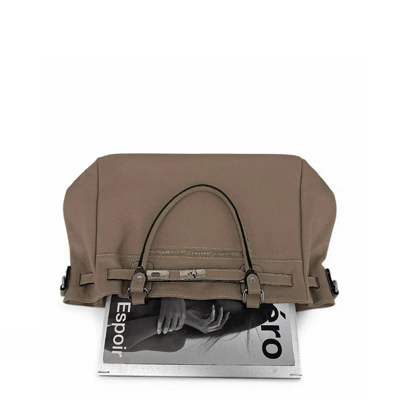 Sac cabas en cuir grainé JANET SILVER Taupe foncé