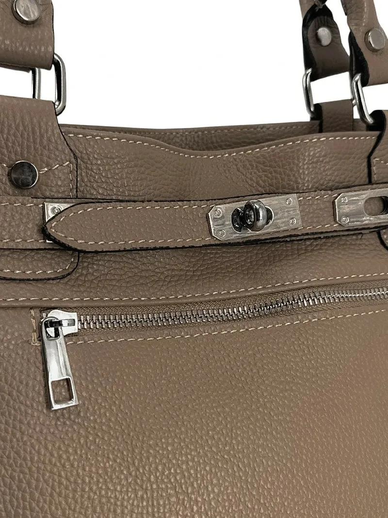 Sac cabas en cuir grainé JANET SILVER Taupe foncé