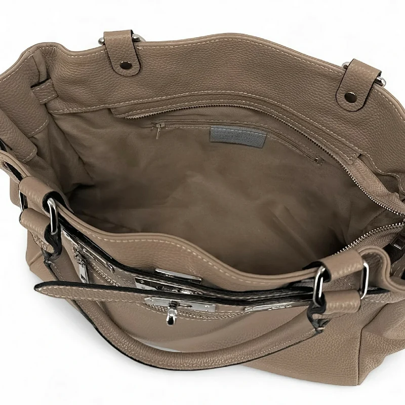 Sac cabas en cuir grainé JANET SILVER Taupe foncé
