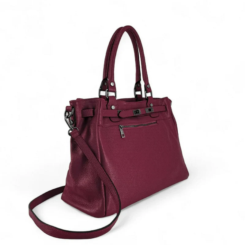 Sac cabas en cuir grainé JANET SILVER Prune