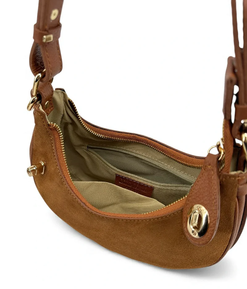 Sac à main demi-lune en daim MUNE Camel foncé