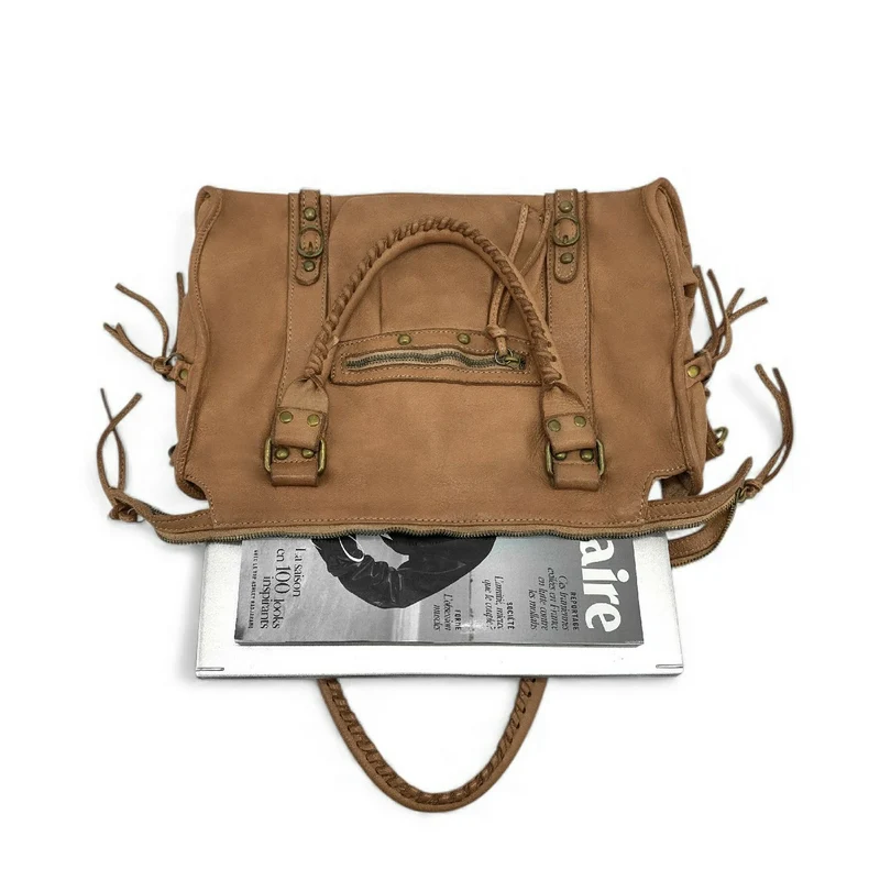 Sac à main en cuir vintage MISS STORM Taupe
