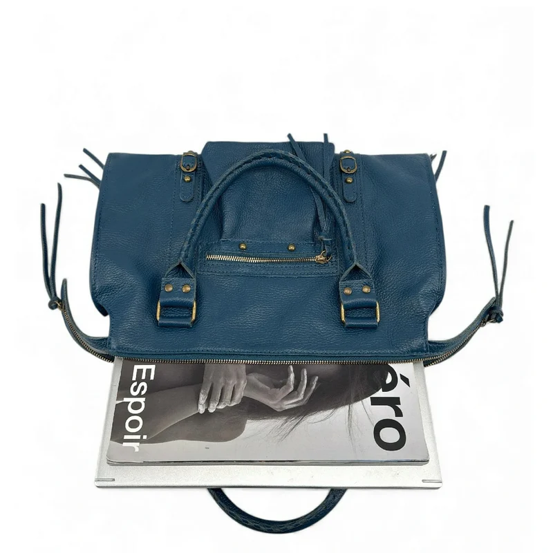Grand sac type bowling en cuir grainé SANDSTORM Bleu canard