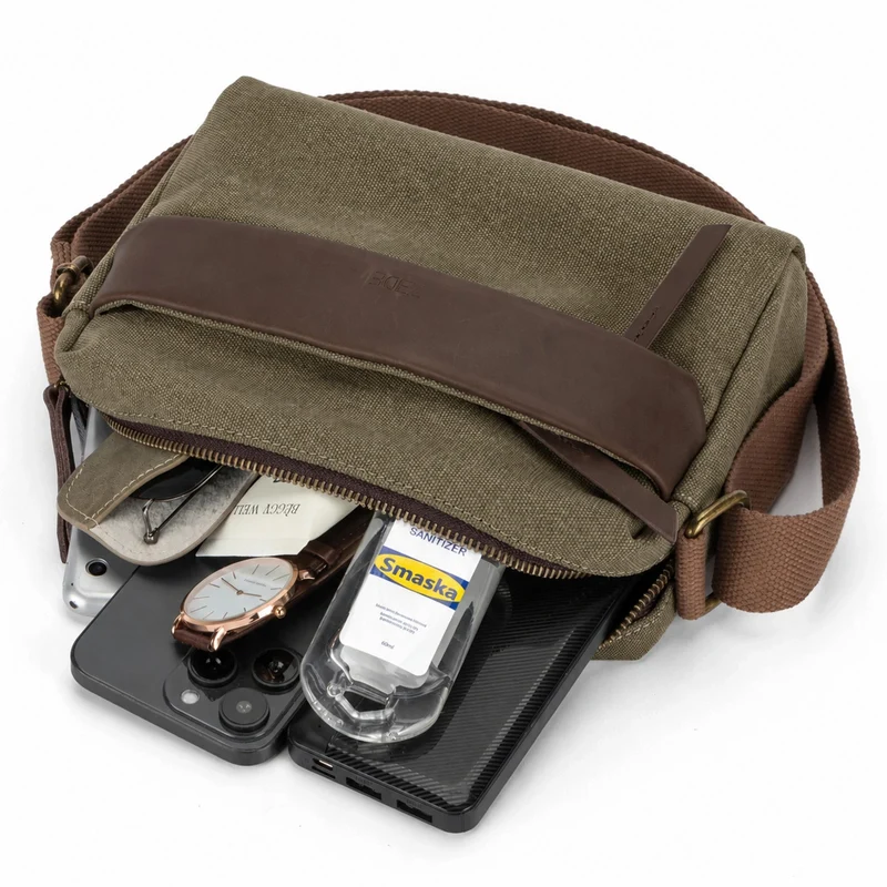 Sac trotteur en toile et cuir GARIBALDI Vert olive
