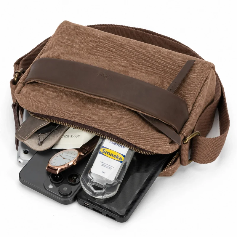 Sac trotteur en toile et cuir GARIBALDI Marron camel foncé