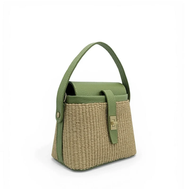Mini-sac à main en cuir et raphia SIENNA Vert amande