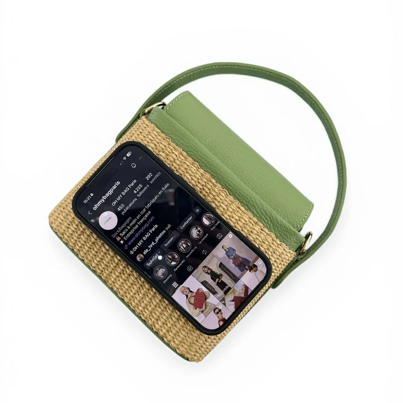 Mini-sac à main en cuir et raphia SIENNA Vert amande