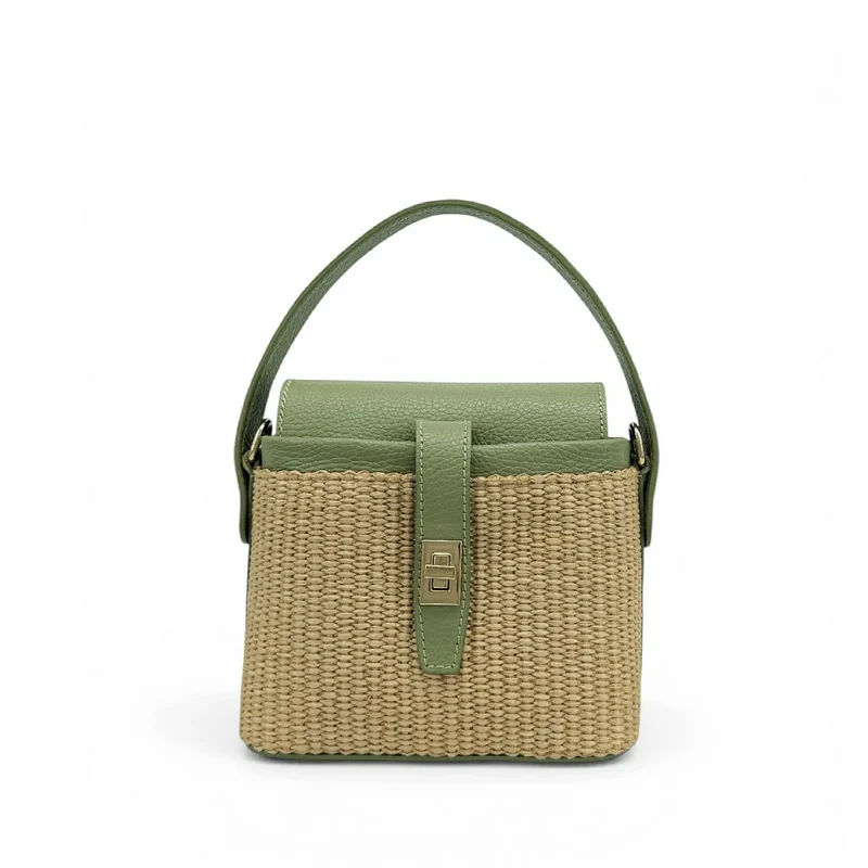 Mini-sac à main en cuir et raphia SIENNA Vert amande
