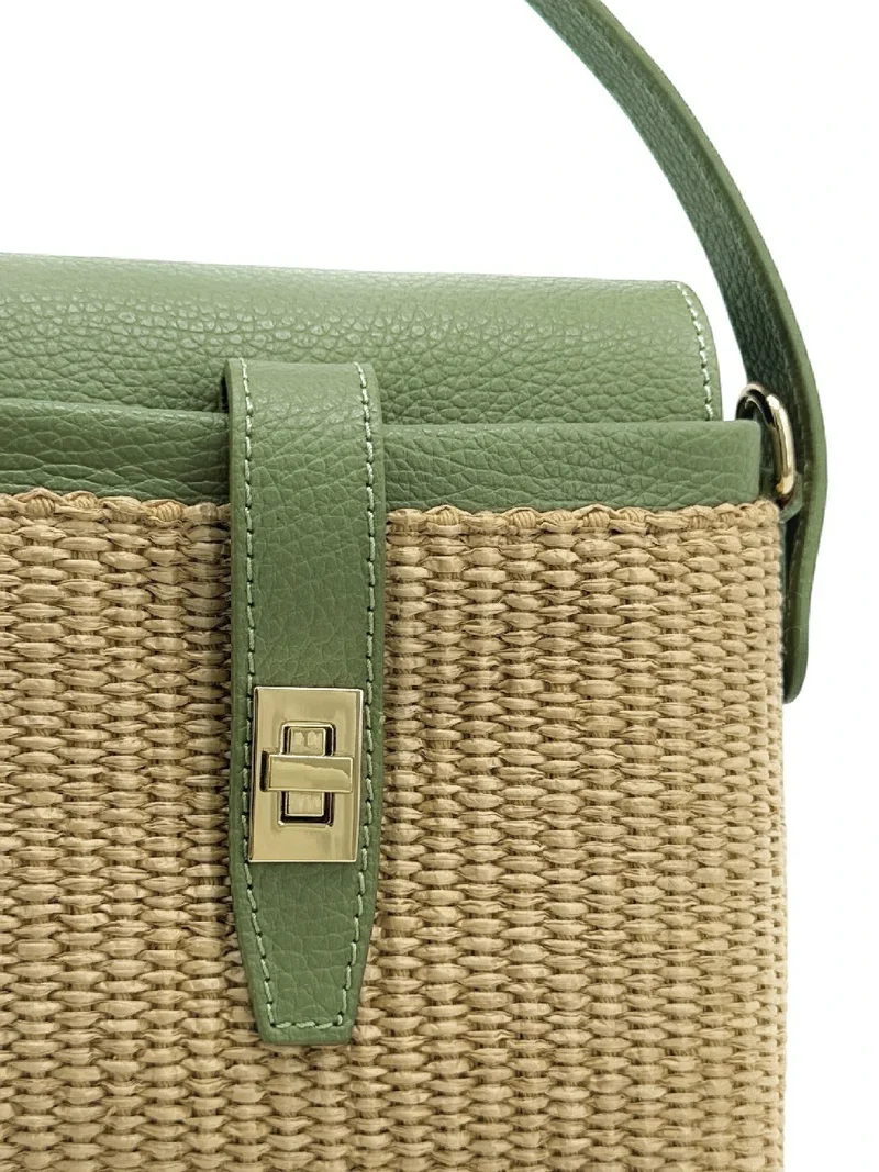 Mini-sac à main en cuir et raphia SIENNA Vert amande