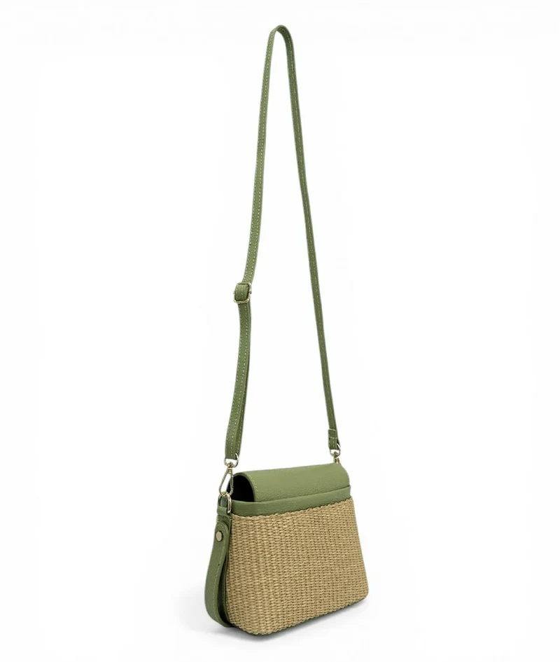 Mini-sac à main en cuir et raphia SIENNA Vert amande