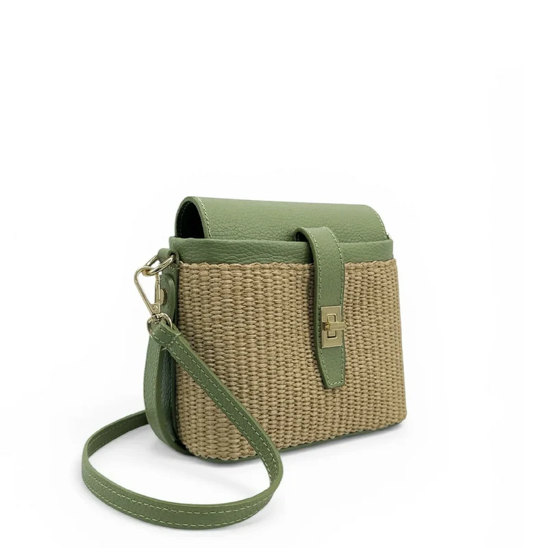 Mini-sac à main en cuir et raphia SIENNA Vert amande