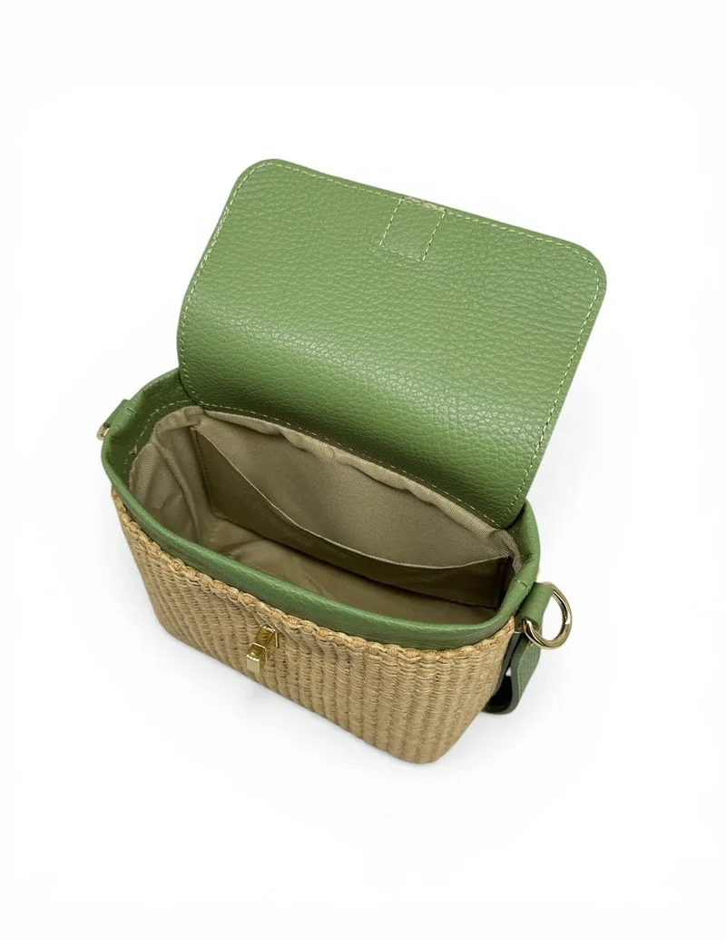 Mini-sac à main en cuir et raphia SIENNA Vert amande