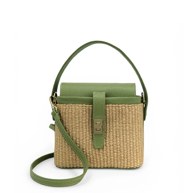 Mini-sac à main en cuir et raphia SIENNA Vert amande