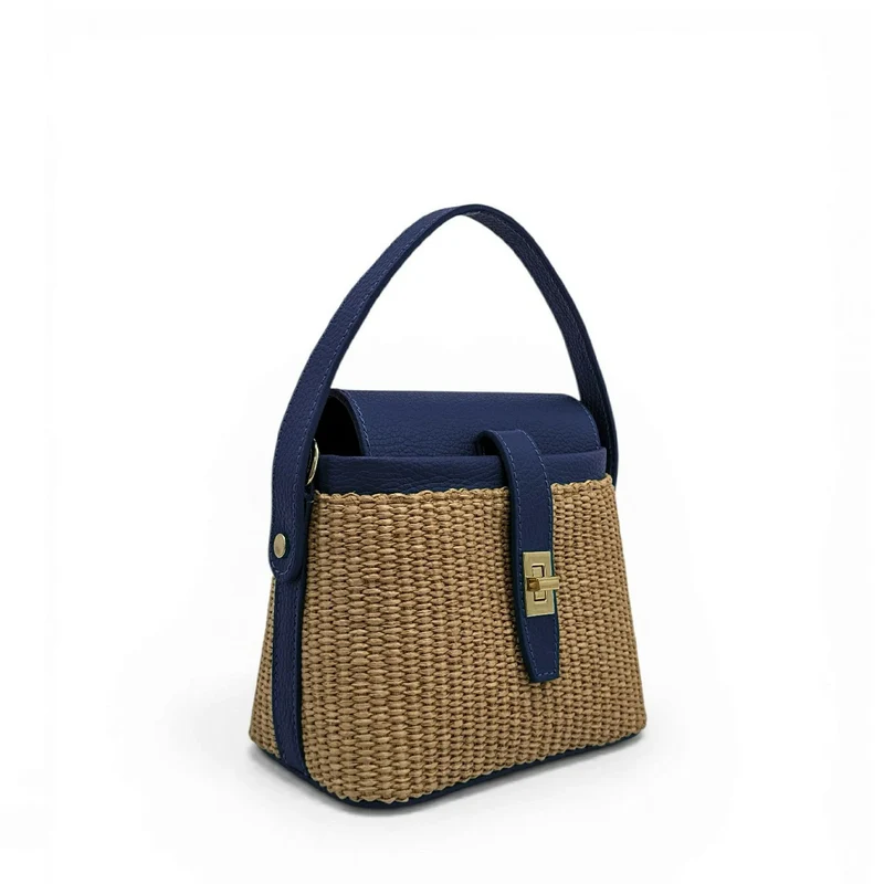 Mini-sac à main en cuir et raphia SIENNA Bleu marine