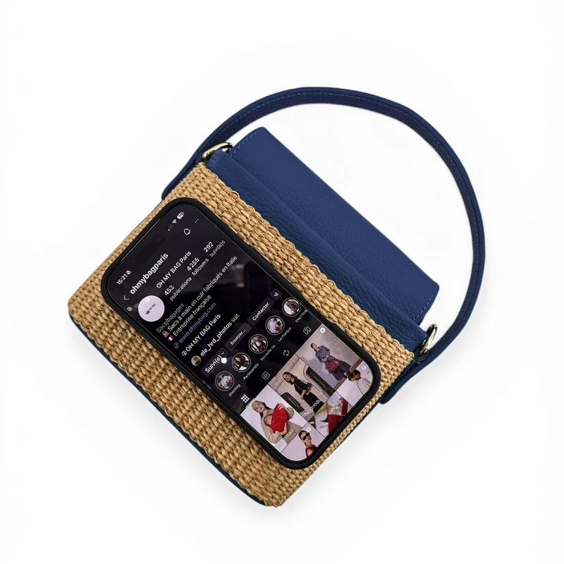 Mini-sac à main en cuir et raphia SIENNA Bleu marine