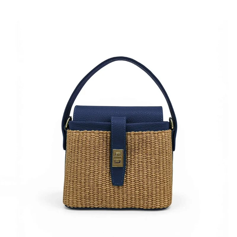 Mini-sac à main en cuir et raphia SIENNA Bleu marine