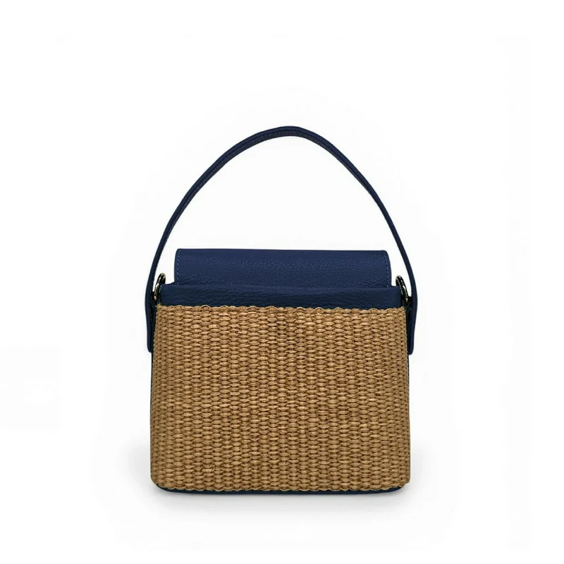 Mini-sac à main en cuir et raphia SIENNA Bleu marine