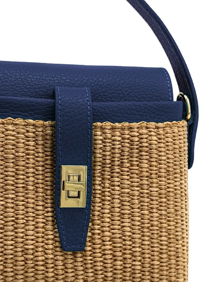 Mini-sac à main en cuir et raphia SIENNA Bleu marine