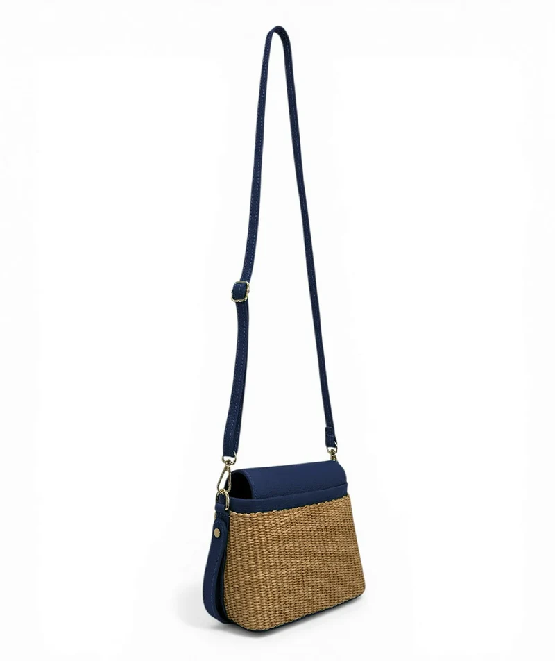 Mini-sac à main en cuir et raphia SIENNA Bleu marine
