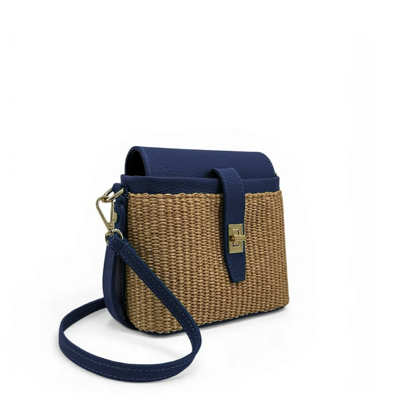 Mini-sac à main en cuir et raphia SIENNA Bleu marine