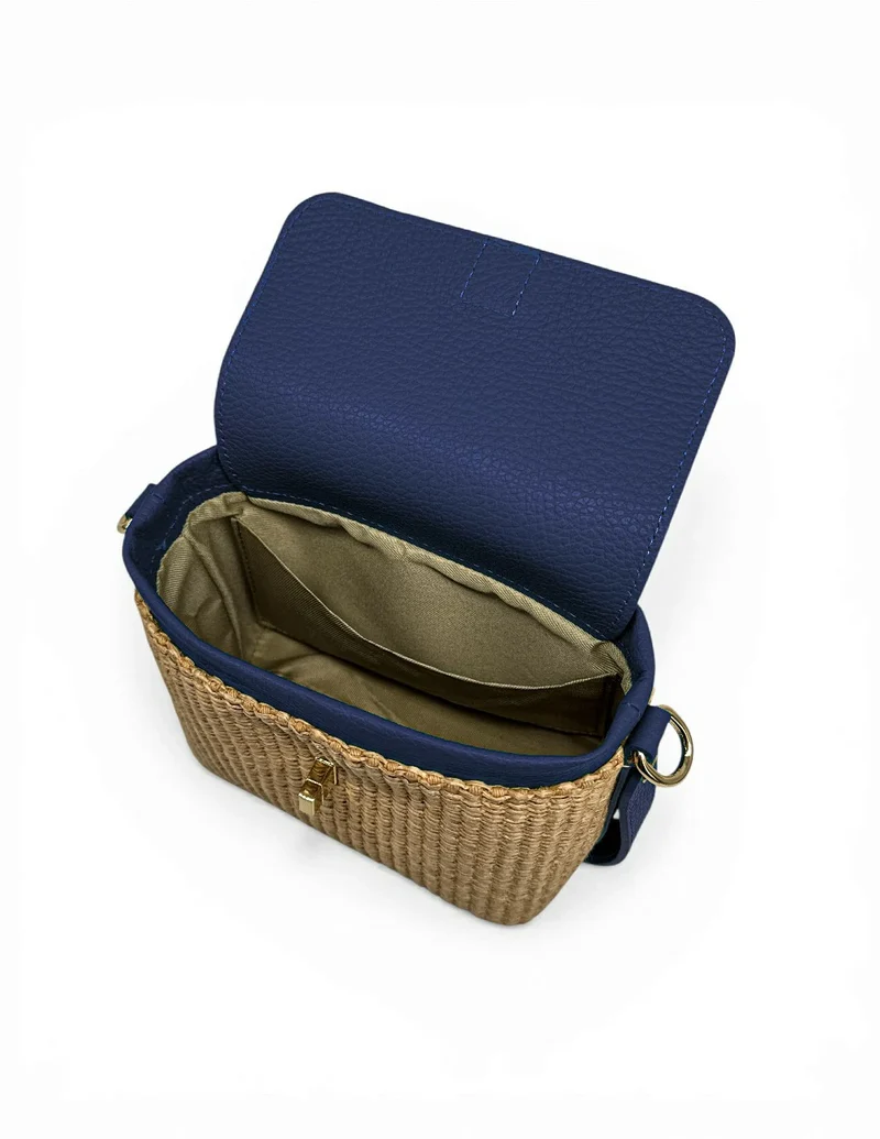 Mini-sac à main en cuir et raphia SIENNA Bleu marine