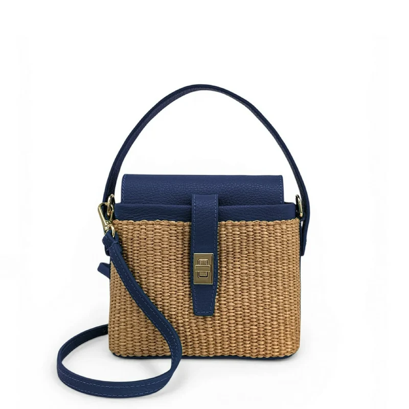 Mini-sac à main en cuir et raphia SIENNA Bleu marine