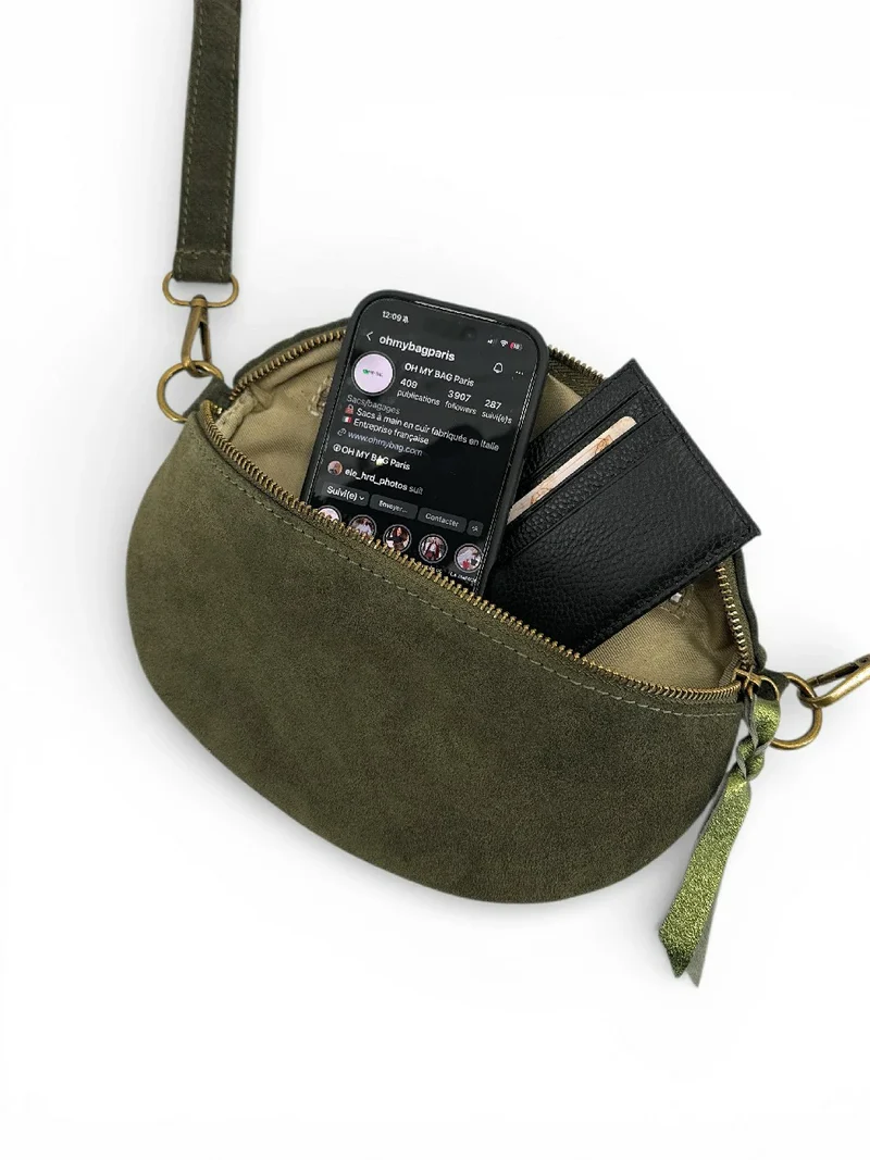 Sac banane en daim LOU SUE Vert kaki foncé