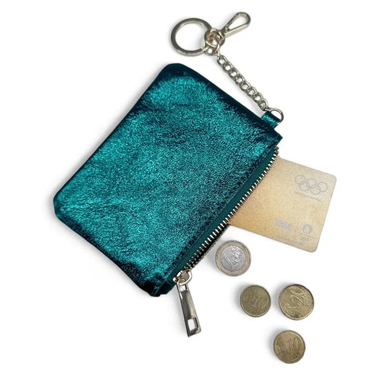 Porte-monnaie porte-clés en cuir irisé POCKET GLOW Bleu paon
