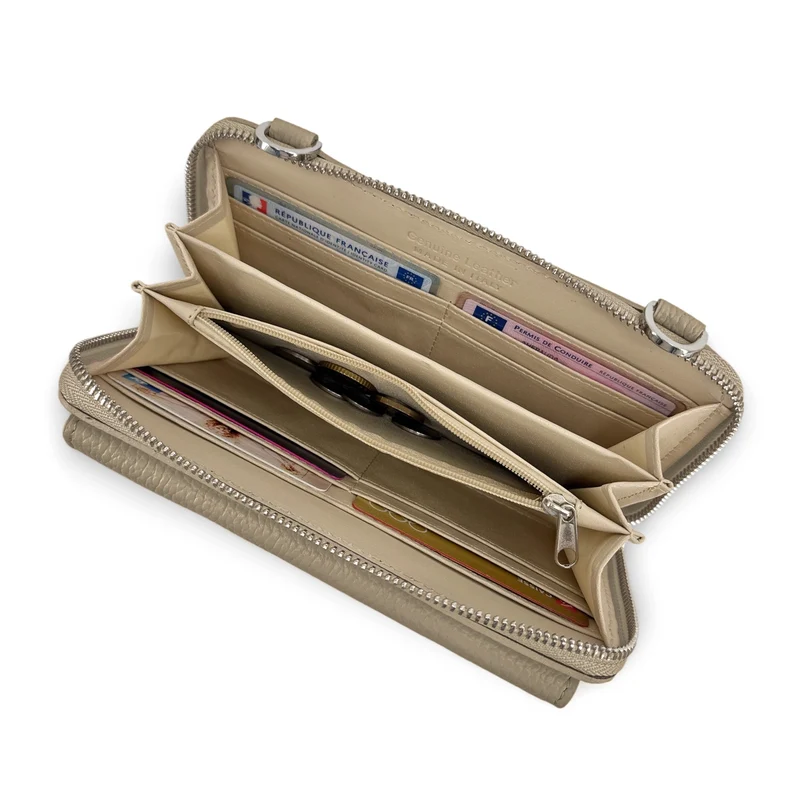 Sac portefeuille à bandoulière en cuir grainé CITY Taupe
