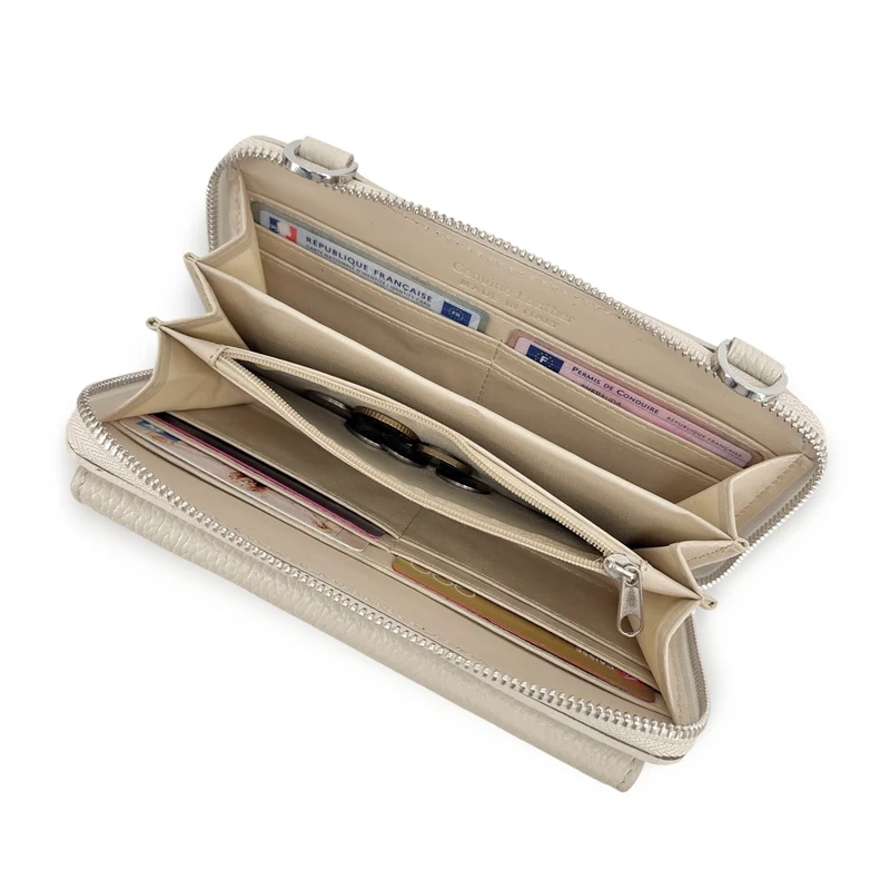 Sac portefeuille à bandoulière en cuir grainé CITY Taupe clair