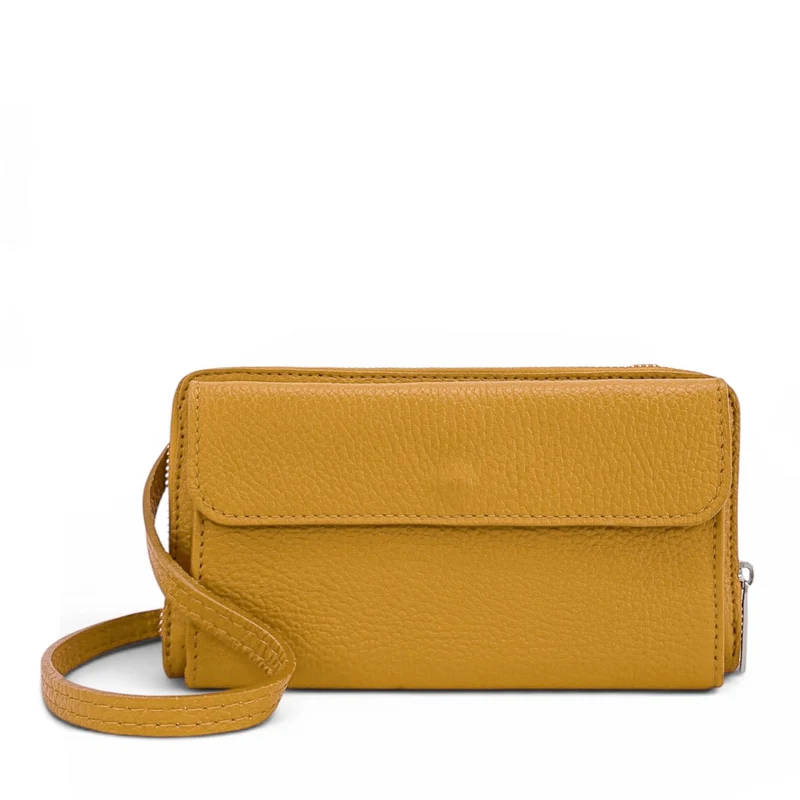 Sac portefeuille à bandoulière en cuir grainé CITY Jaune Moutarde