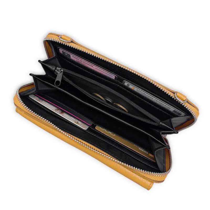 Sac portefeuille à bandoulière en cuir grainé CITY Jaune Moutarde