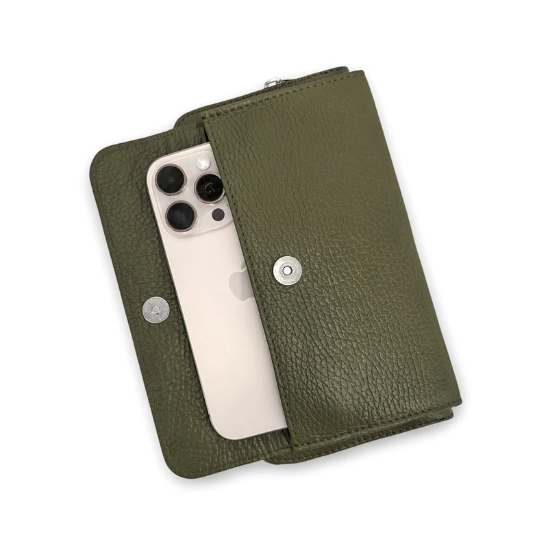 Sac portefeuille à bandoulière en cuir grainé CITY Vert kaki